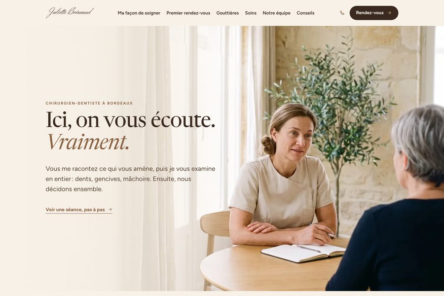 Site du Dr Juliette Brémond, chirurgien-dentiste à Bordeaux : un premier rendez-vous d'une heure et un plan de traitement global