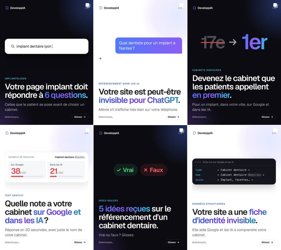 Six publications du compte Instagram de DeveloppIA, sur fond sombre et en grandes lettres