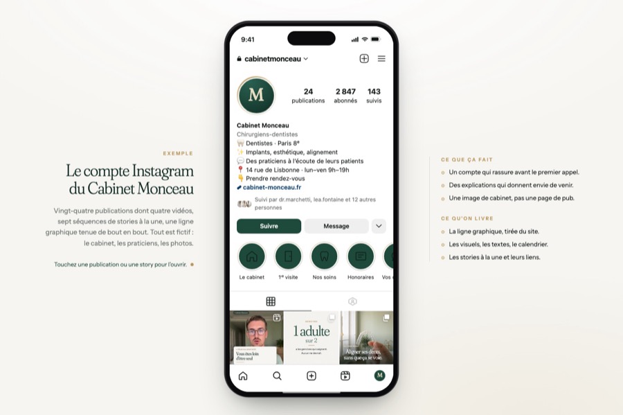 Compte de démonstration imitant Instagram pour le Cabinet Monceau, un cabinet inventé par DeveloppIA
