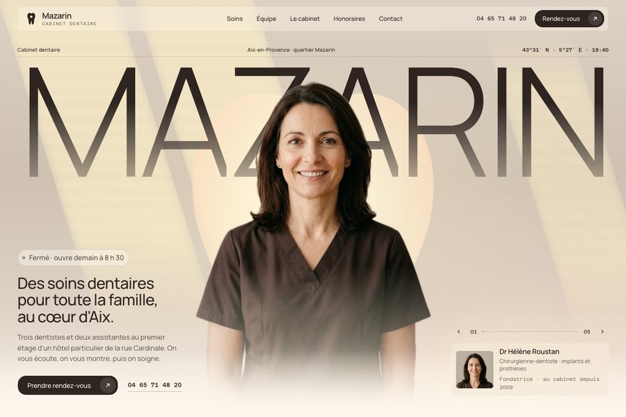 Site du Cabinet dentaire Mazarin à Aix-en-Provence : le nom en très grand, une dentiste devant, une dent de lumière derrière