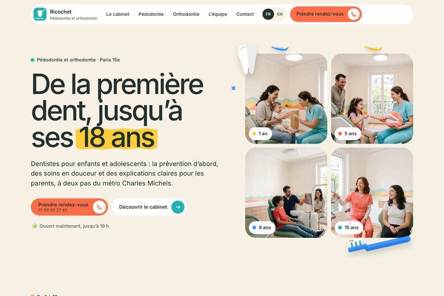 Site de Ricochet, dentistes pour enfants à Paris 15e : quatre enfants de 1 à 15 ans au fauteuil avec leurs dentistes